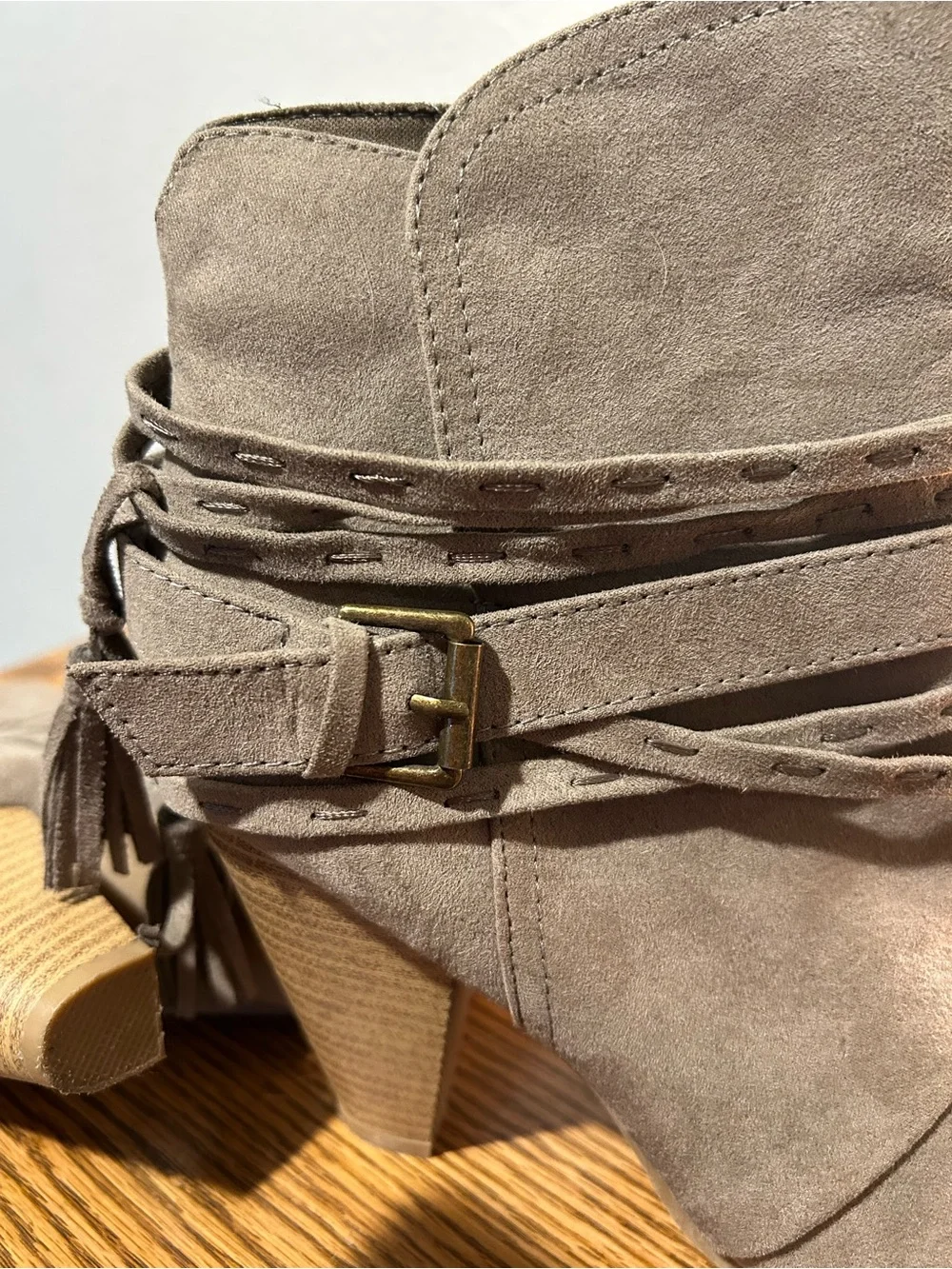 Qupid Taupe Suede Ankle Booties with Wrap Strap & Tassel
